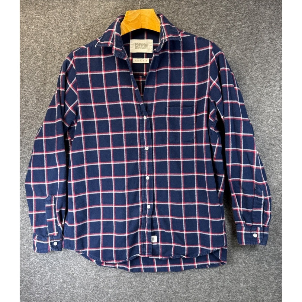 Grayson The Hero Shirt Women 03 Navy Blue Red Plaid Cotton Preppy Soft Button Up
